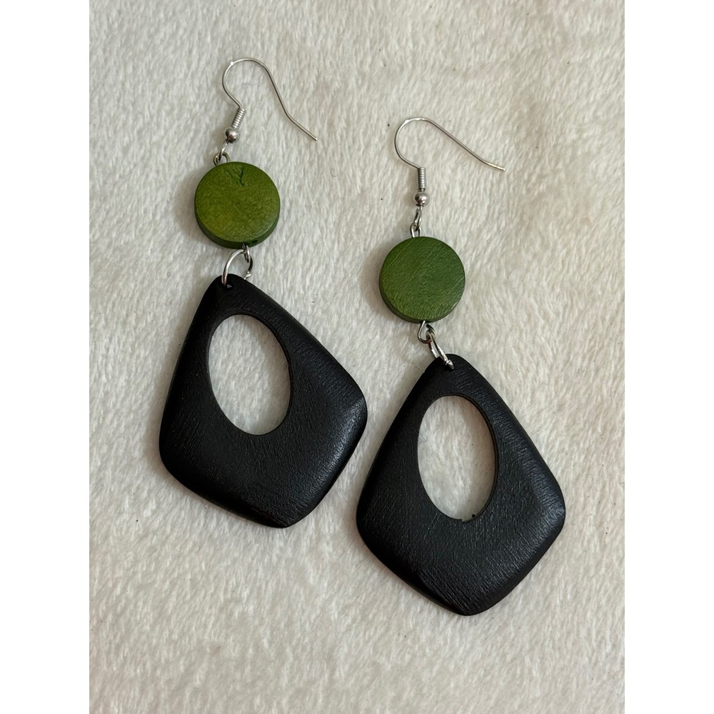 Women's Black Green Wooden Dangle Earrings Geometric Boho Statement 3.5"